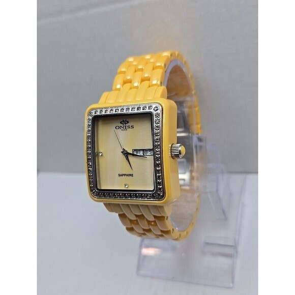 Oniss Paris Yellow Ceramic Day Date Sapphire Crystal Womens Watch New Battery main image 9